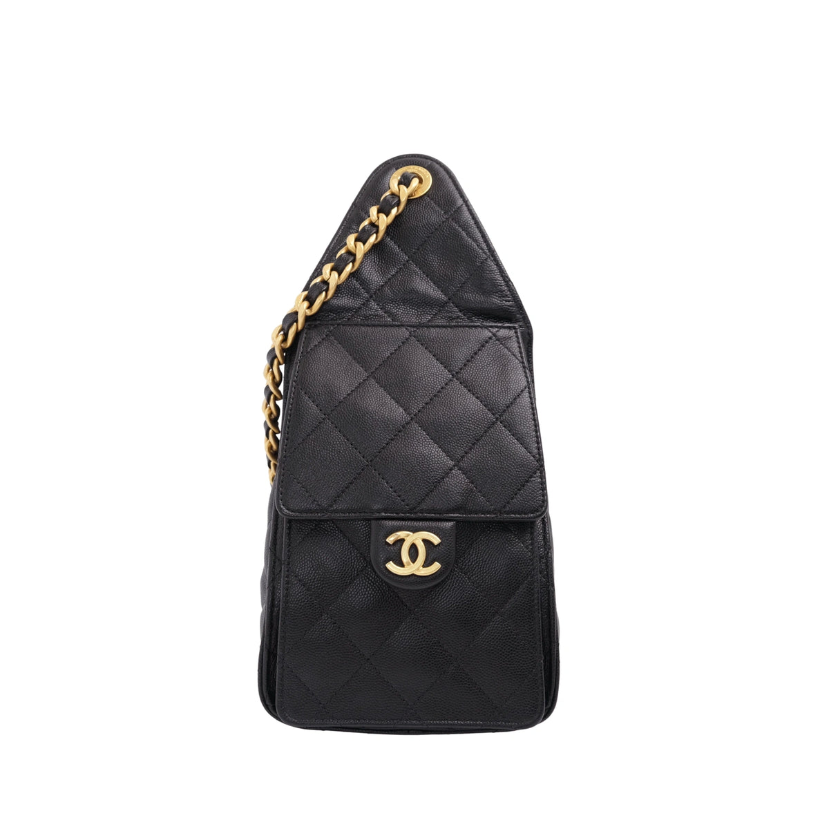 Black quilted caviar leather Chanel flap bag with gold chain strap. curated Pre-loved Luxury by Myluxe in Helsinki.