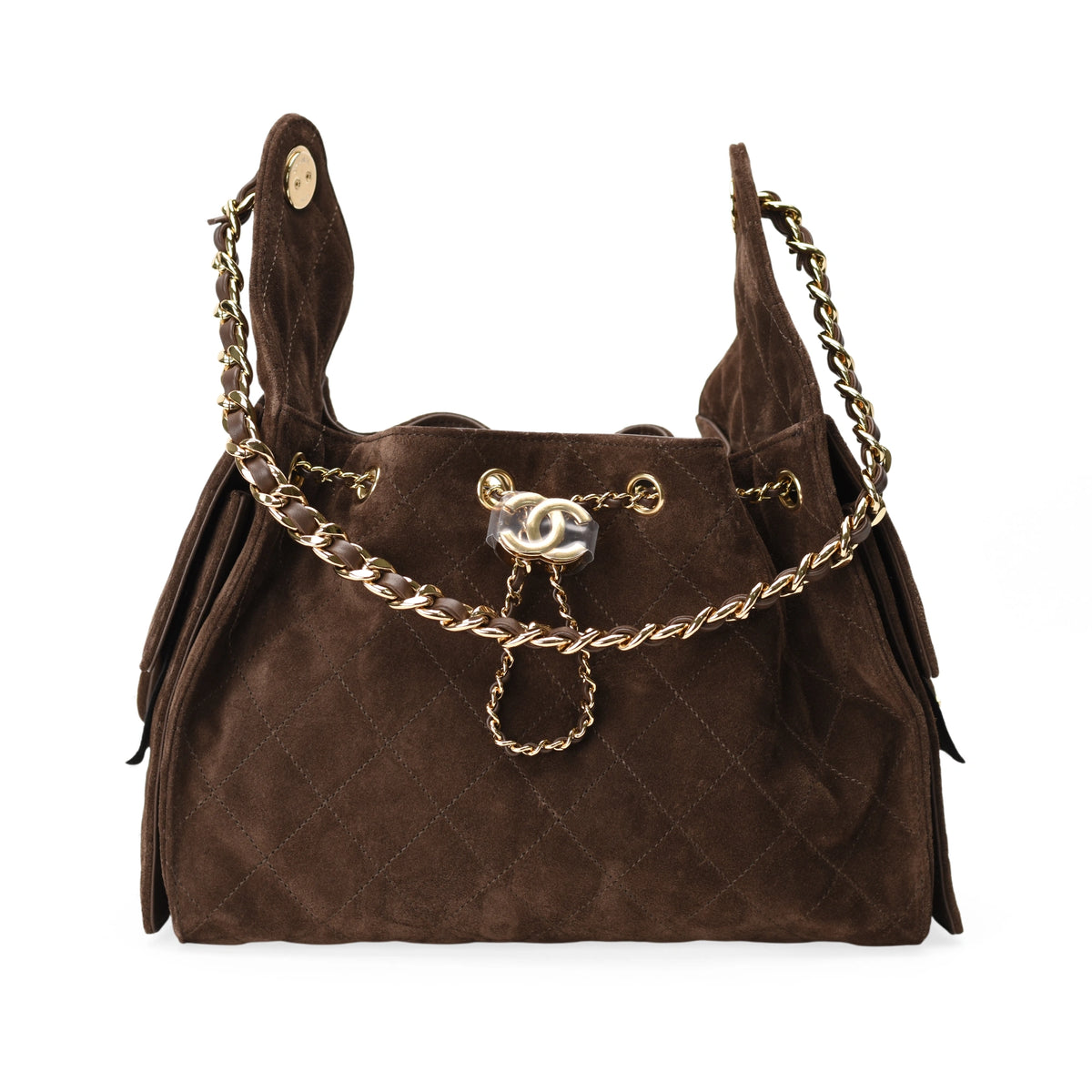 Chanel 25 small bag in brown quilted suede with gold chain hardware. Curated Pre-loved Luxury by Myluxe in Helsinki.