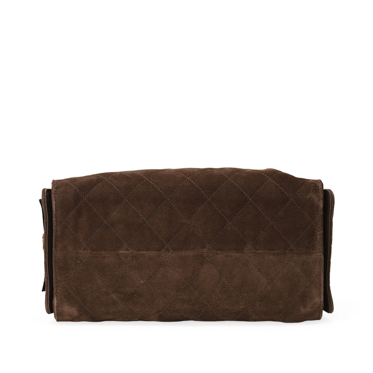 Bottom view of a Chanel 25 small bag in brown quilted suede. curated Pre-loved Luxury by Myluxe in Helsinki.