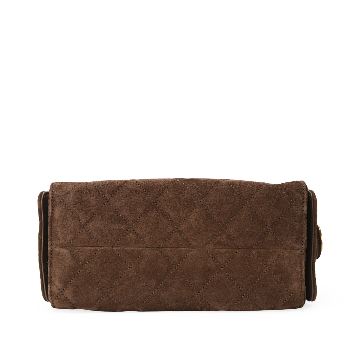 Bottom view of a brown suede quilted Chanel 25 Mini Bag, curated Pre-loved Luxury by Myluxe in Helsinki.
