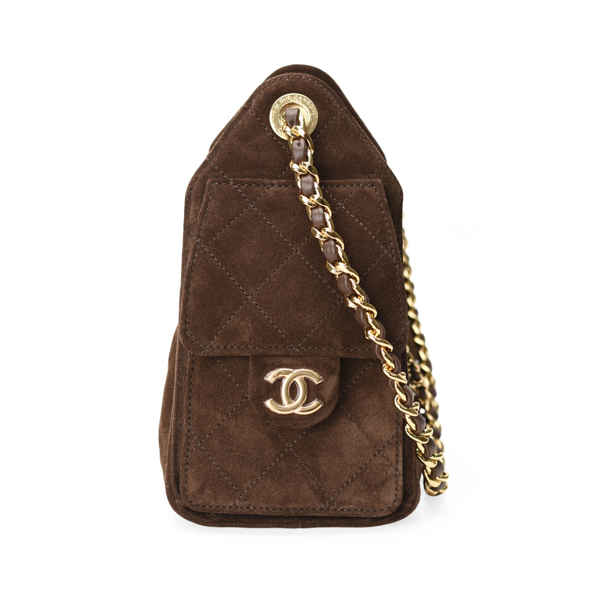 Chanel 25 Mini Bag in brown quilted suede with gold hardware, curated Pre-loved Luxury by Myluxe in Helsinki.