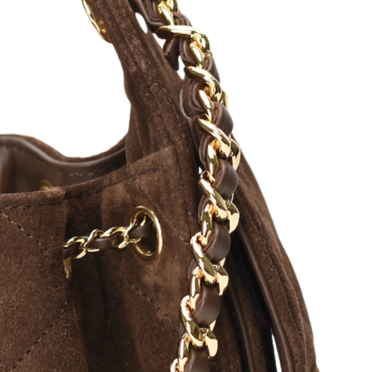 Chanel 25 Mini Bag in brown suede with gold chain strap. curated Pre-loved Luxury by Myluxe in Helsinki.