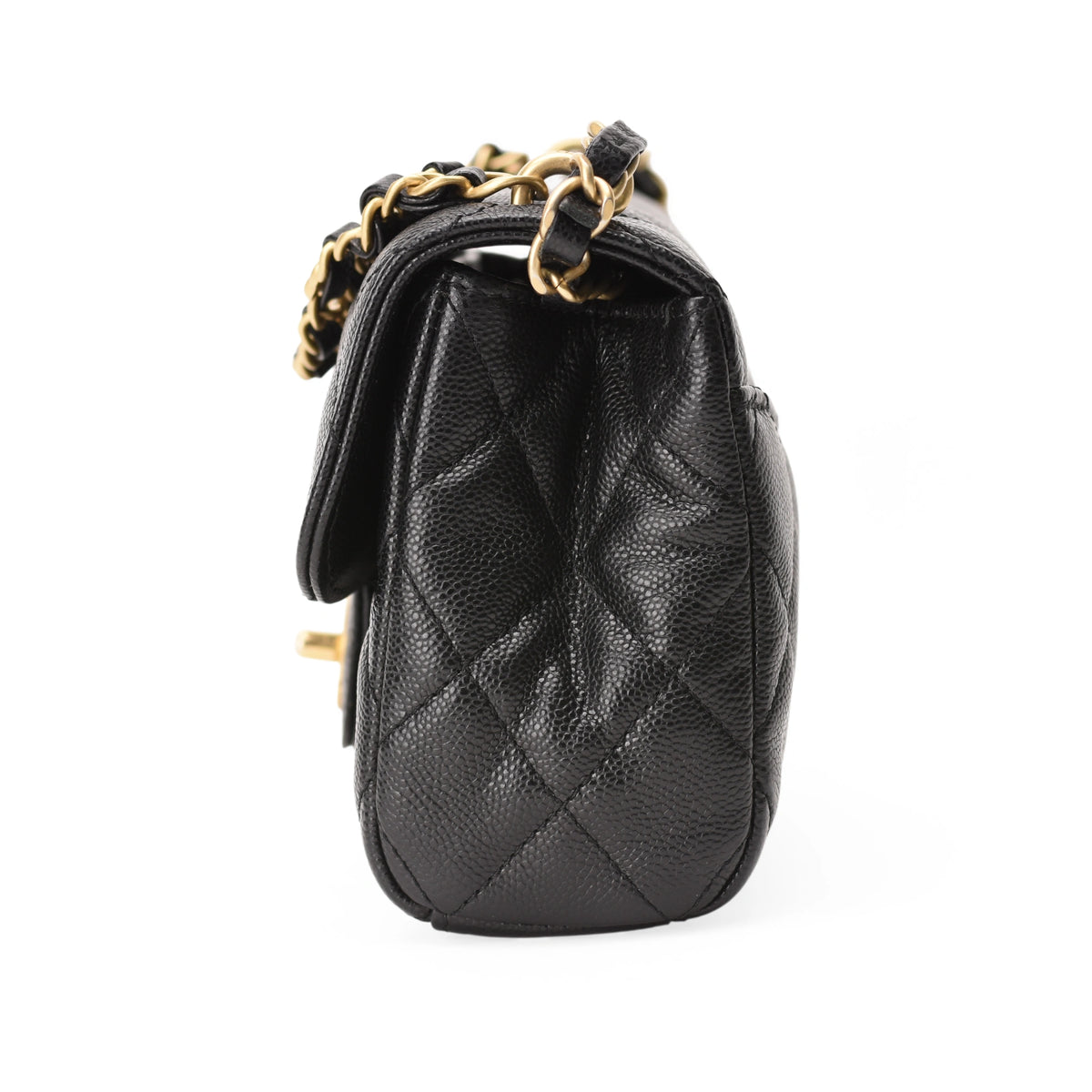 Chanel Small Coco First Flap black caviar leather handbag with gold chain strap. curated Pre-loved Luxury by Myluxe in Helsinki.