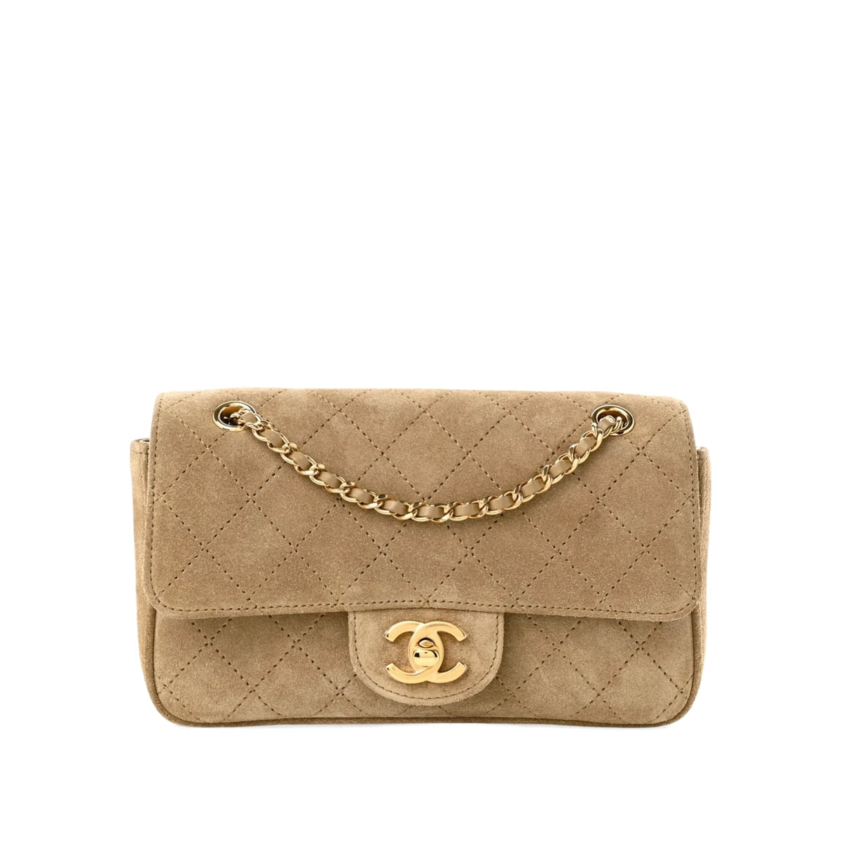 Beige quilted suede Chanel shoulder bag with gold-tone chain strap and CC logo. curated Pre-loved Luxury by Myluxe in Helsinki.