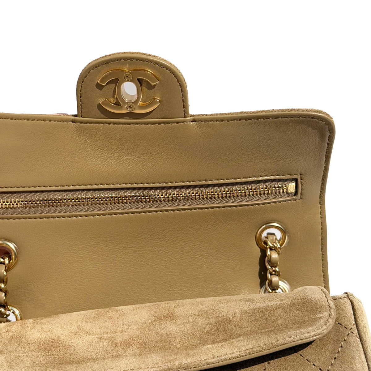 Chanel tan leather flap bag with gold hardware. curated Pre-loved Luxury by Myluxe in Helsinki.