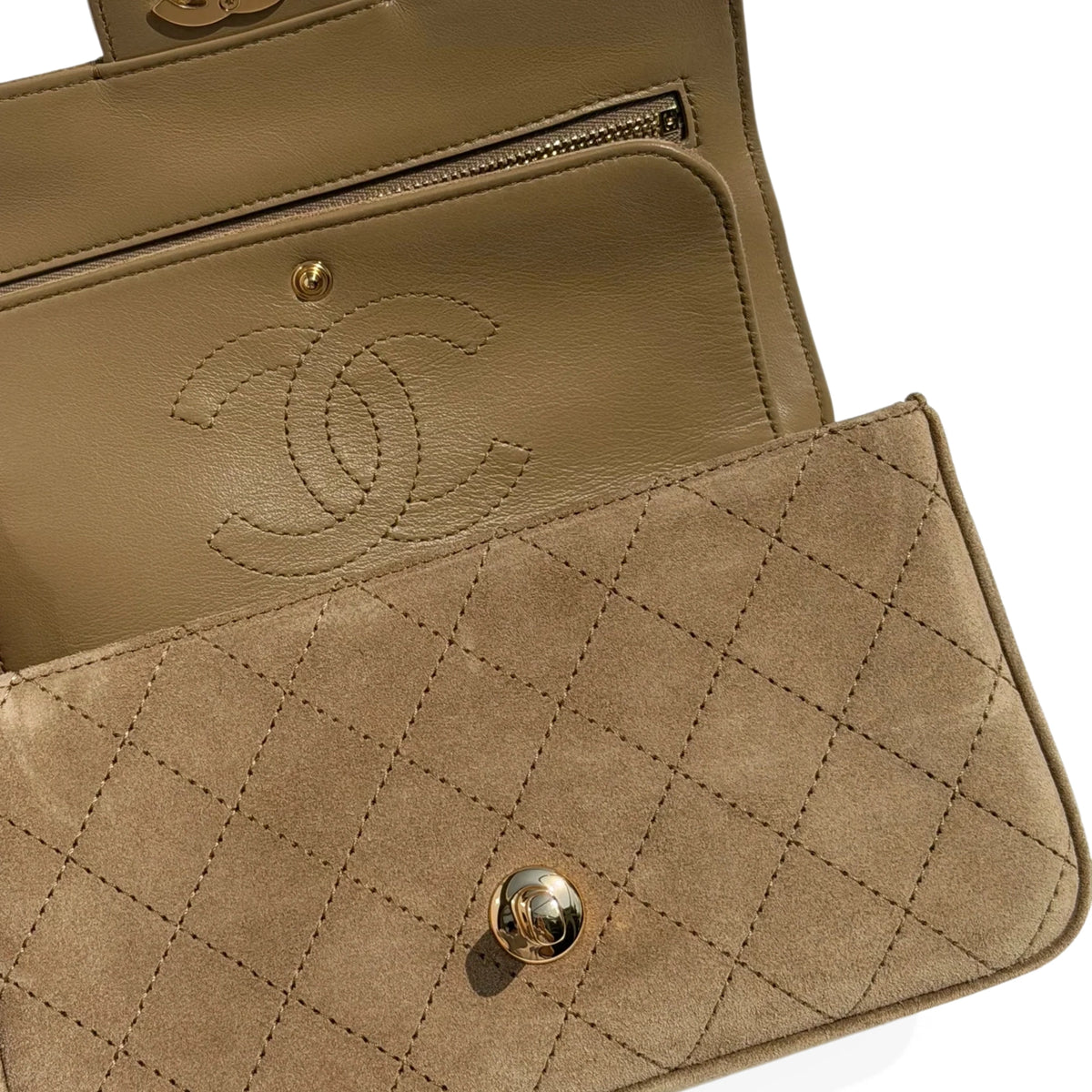 Chanel beige suede quilted flap bag with gold-tone hardware. curated Pre-loved Luxury by Myluxe in Helsinki.