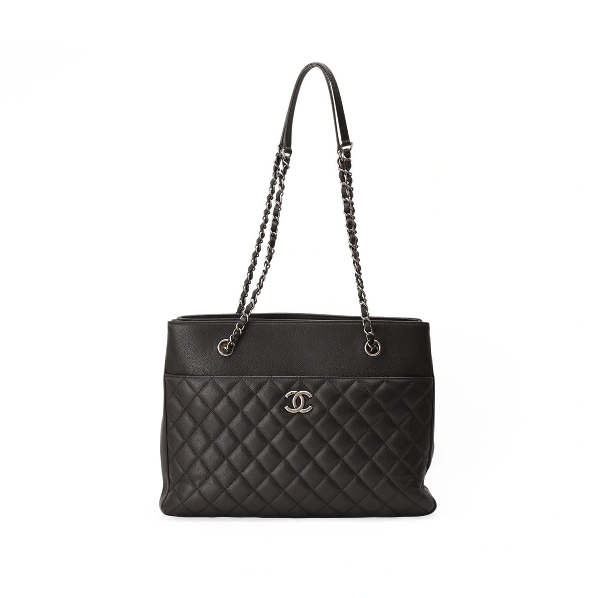 Chanel Urban Companion black caviar quilted shopping tote with chain straps. curated Pre-loved Luxury by Myluxe in Helsinki.