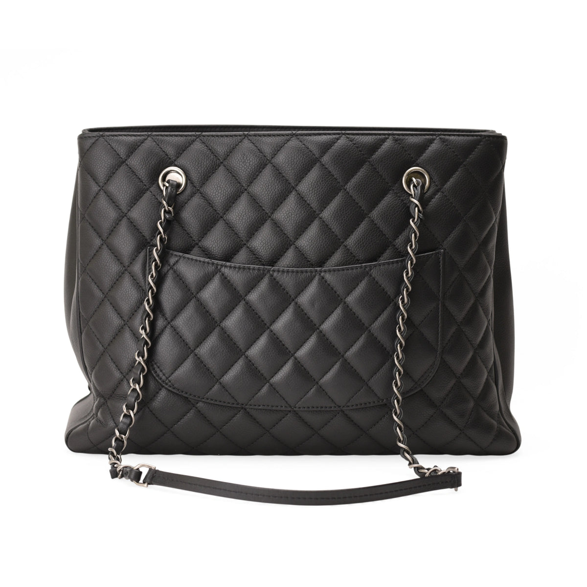 Chanel Urban Companion black caviar quilted leather shopping tote with silver chain strap. curated Pre-loved Luxury by Myluxe in Helsinki.