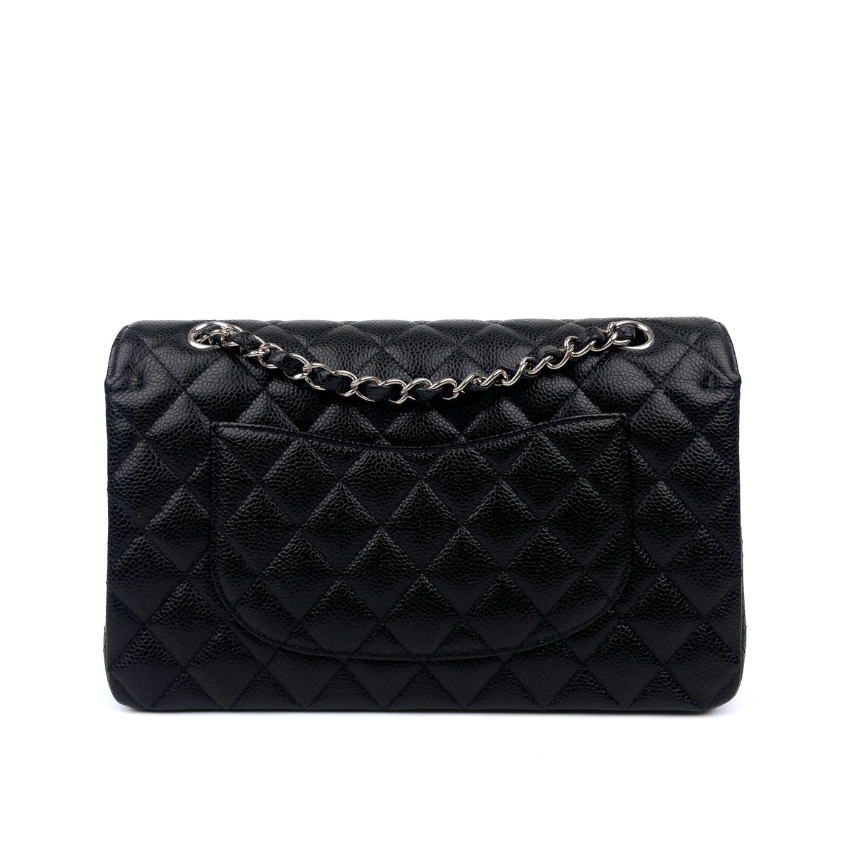 Black quilted caviar leather handbag with silver chain strap, curated Pre-loved Luxury by Myluxe in Helsinki.