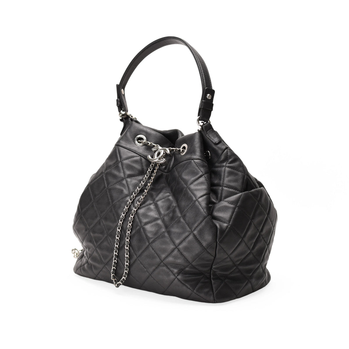 Chanel Black Quilted Leather Drawstring Chain Medium Bucket Bag SHW