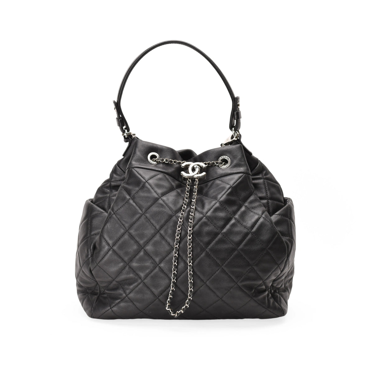 Chanel Black Quilted Leather Drawstring Chain Medium Bucket Bag SHW
