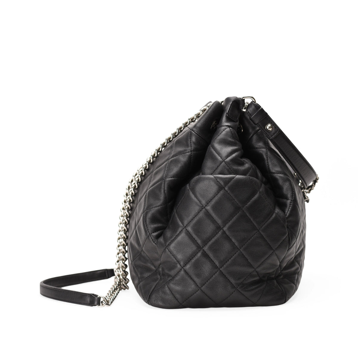 Chanel Black Quilted Leather Drawstring Chain Medium Bucket Bag SHW