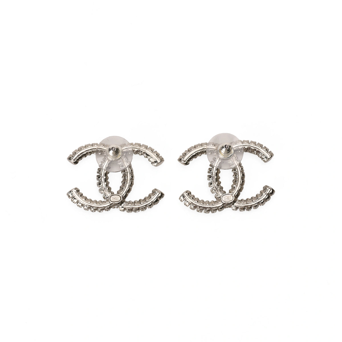 Chanel CC Big Silver Crystal Earrings