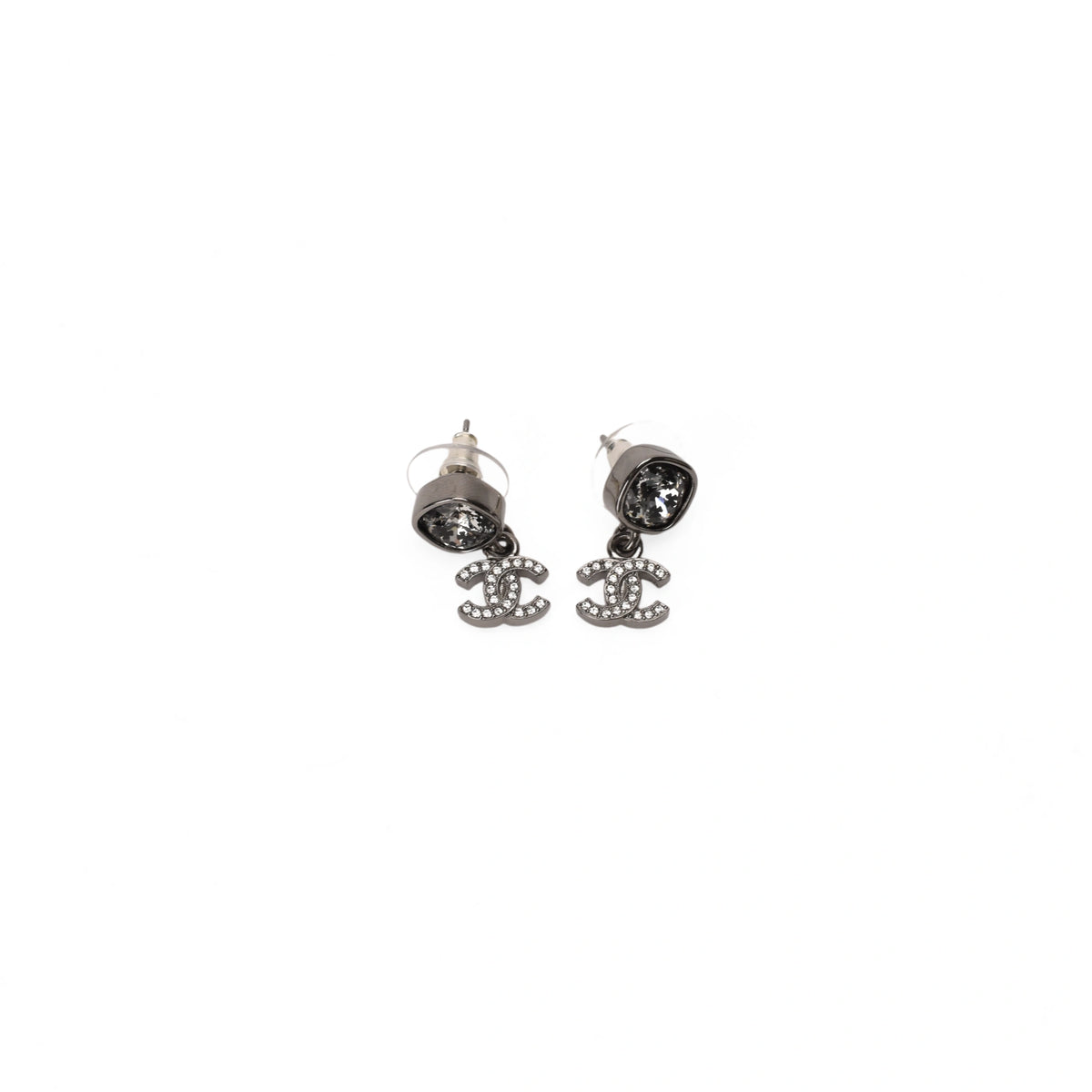 Chanel CC Small Drop Clover Gun Metal Earrings