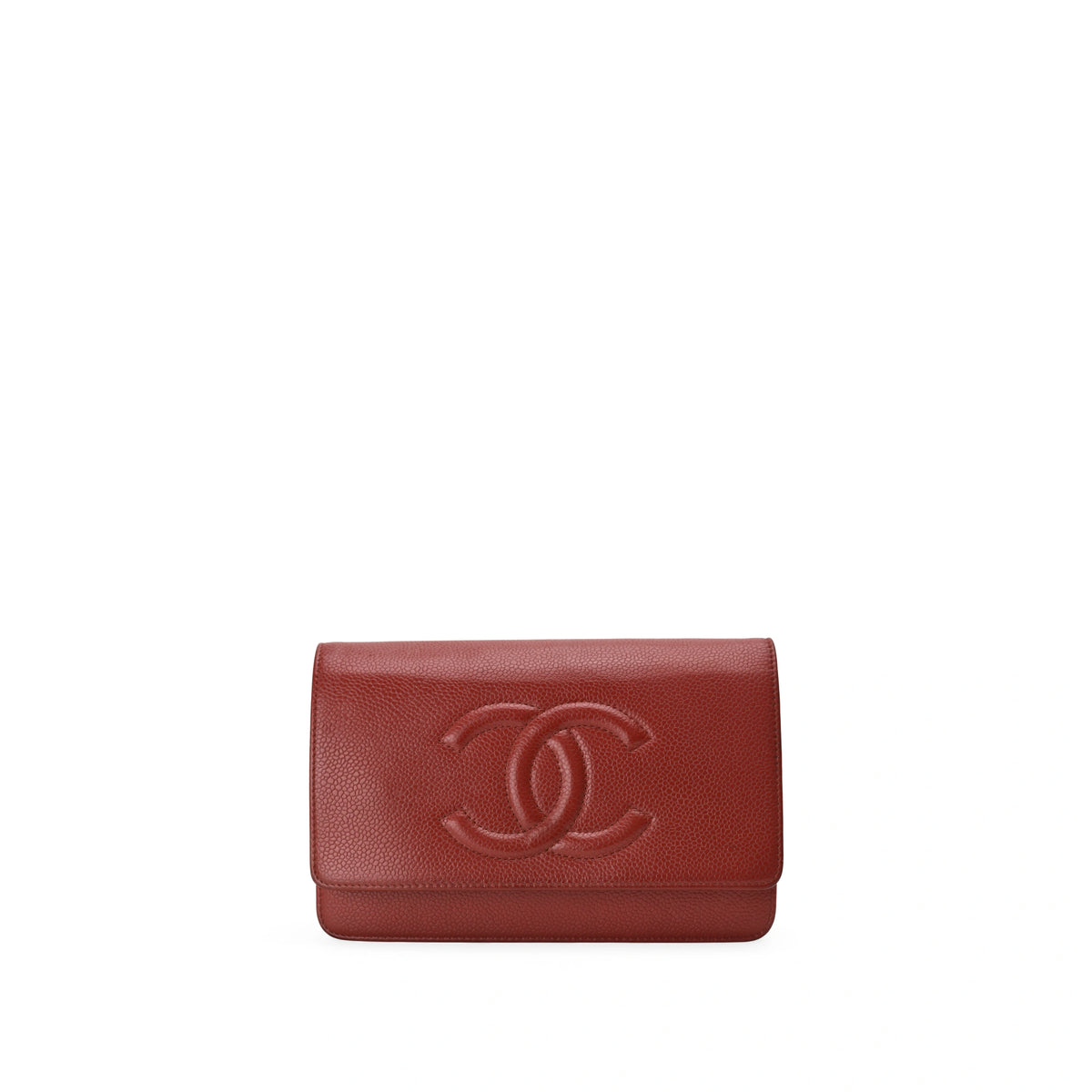 Chanel red caviar leather wallet on chain with embossed logo. curated Pre-loved Luxury by Myluxe in Helsinki.