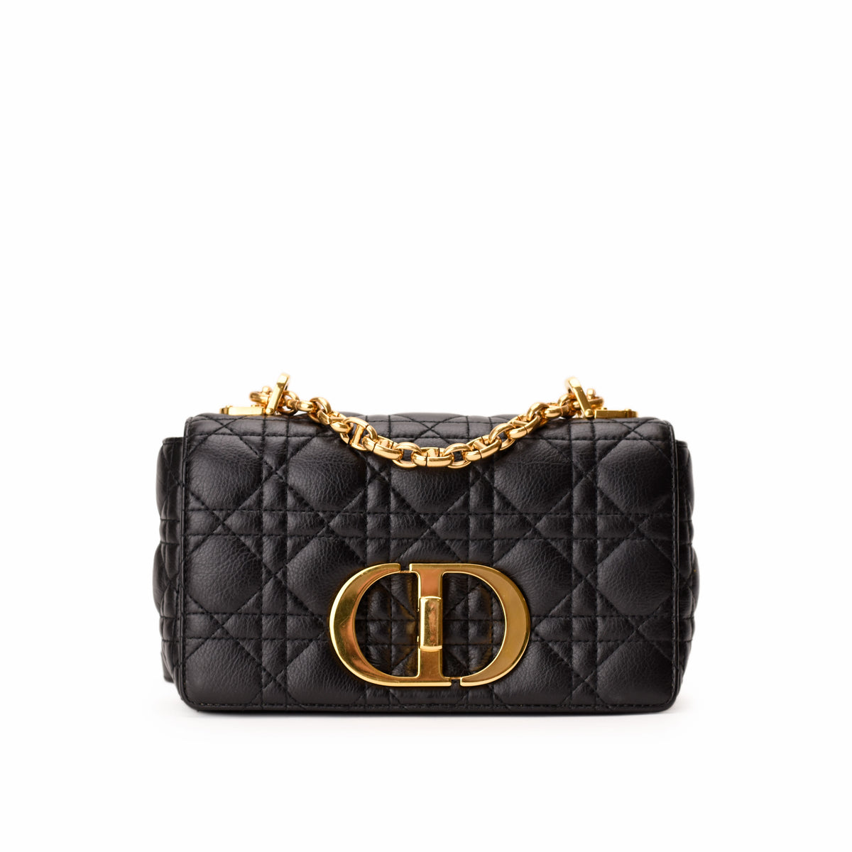 Black quilted lambskin Dior handbag with gold-tone chain strap. curated Pre-loved Luxury by Myluxe in Helsinki.