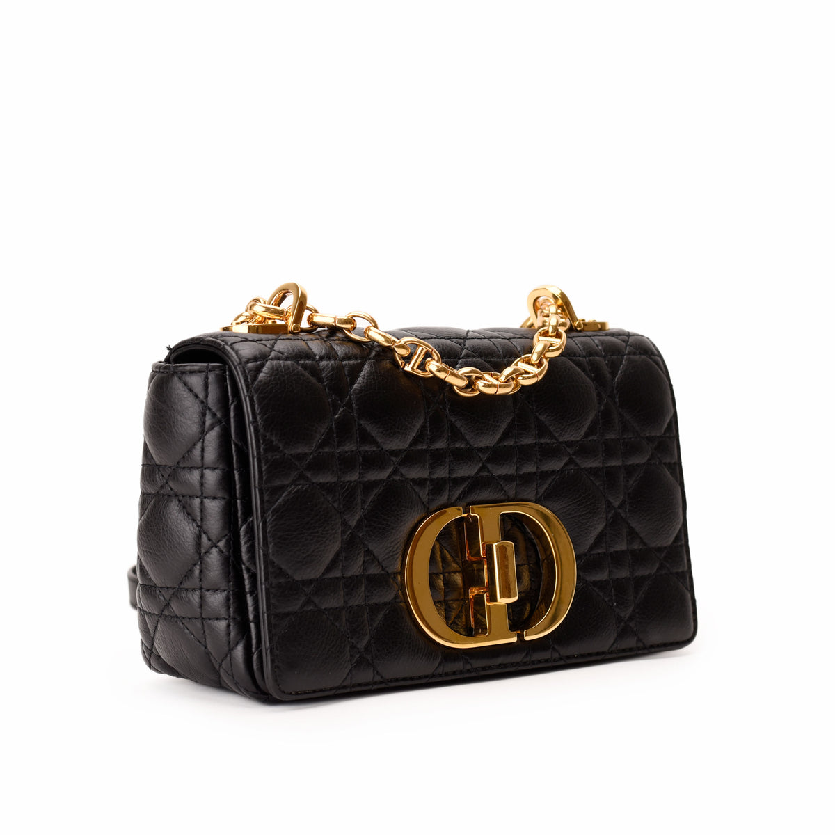 Black quilted lambskin Dior handbag with gold-tone chain strap. curated Pre-loved Luxury by Myluxe in Helsinki.