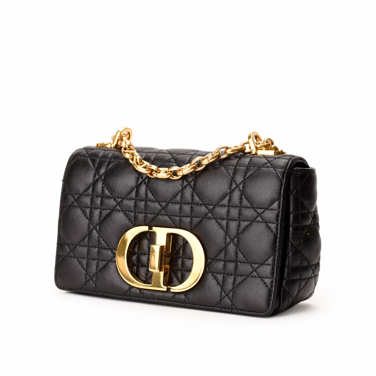 Black quilted lambskin Dior handbag with gold-tone hardware and chain strap. curated Pre-loved Luxury by Myluxe in Helsinki.