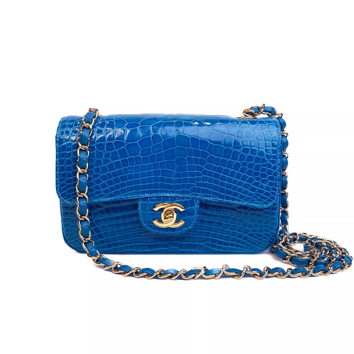 CHANEL Lagoon Blue Shiny Alligator Classic Mini Flap Bag with Gold Hardware Full