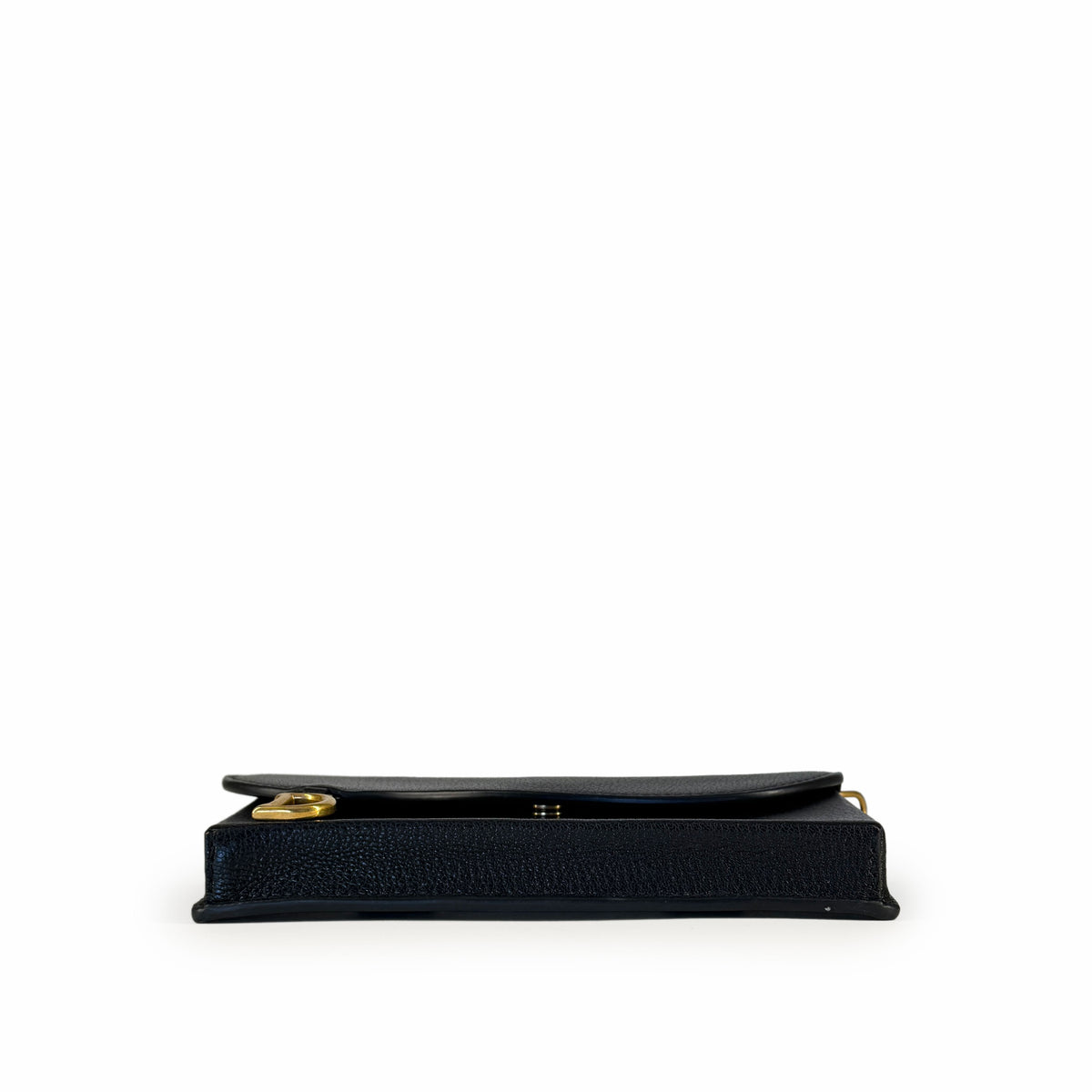 Black grained leather clutch with gold-tone hardware, curated Pre-loved Luxury by Myluxe in Helsinki.