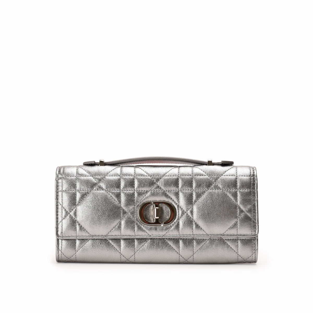 Metallic silver quilted leather Dior clutch bag with gold-tone hardware, curated Pre-loved Luxury by Myluxe in Helsinki.