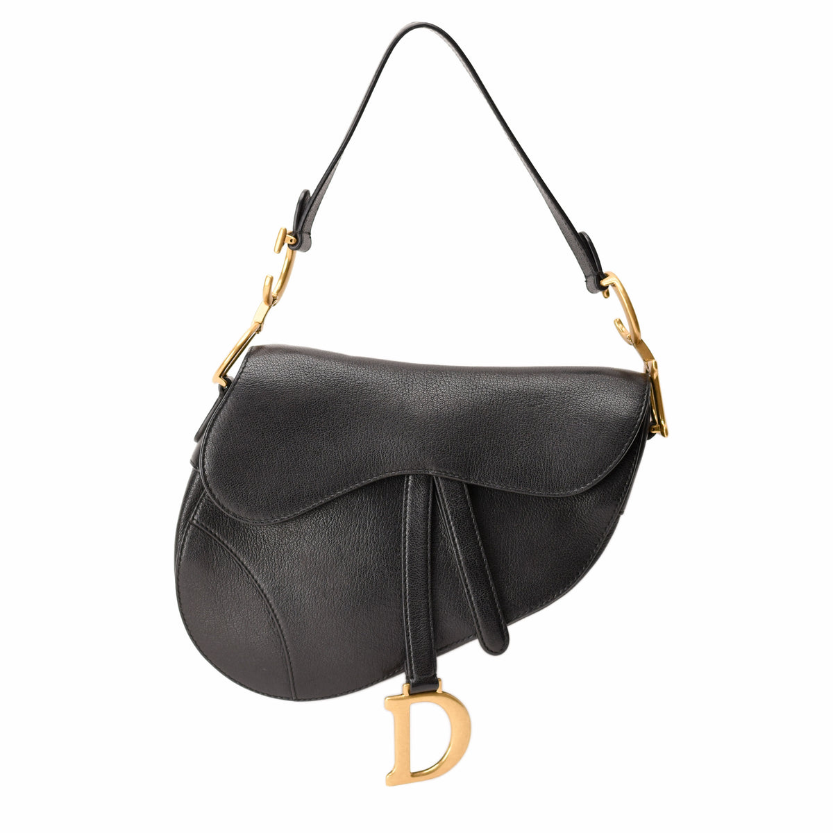Black grained leather Dior saddle bag with gold-tone hardware, curated Pre-loved Luxury by Myluxe in Helsinki.