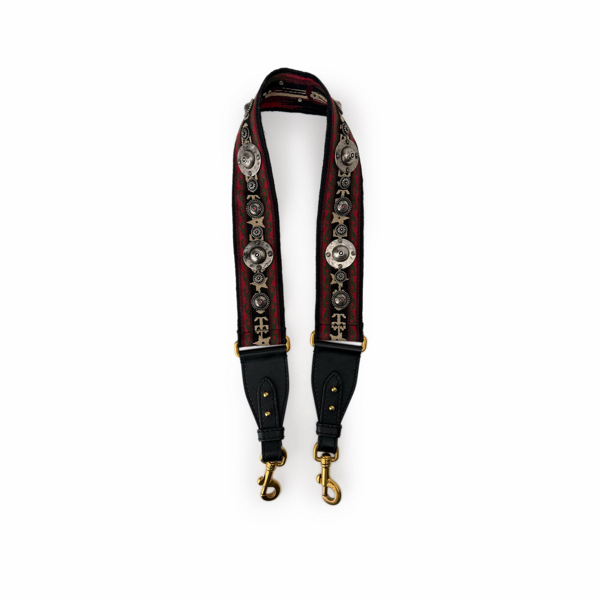 Embroidered red and black fabric guitar-style strap with silver metallic medallions, curated Pre-loved Luxury by Myluxe in Helsinki.