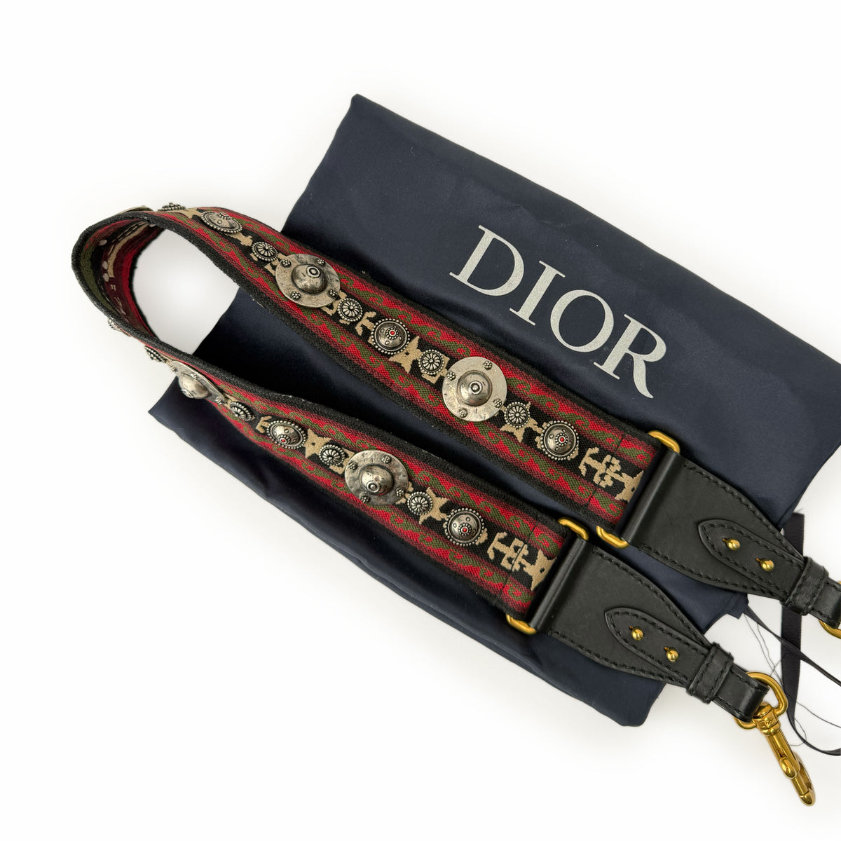 Dior red and green patterned textile strap with silver metal embellishments, curated Pre-loved Luxury by Myluxe in Helsinki.