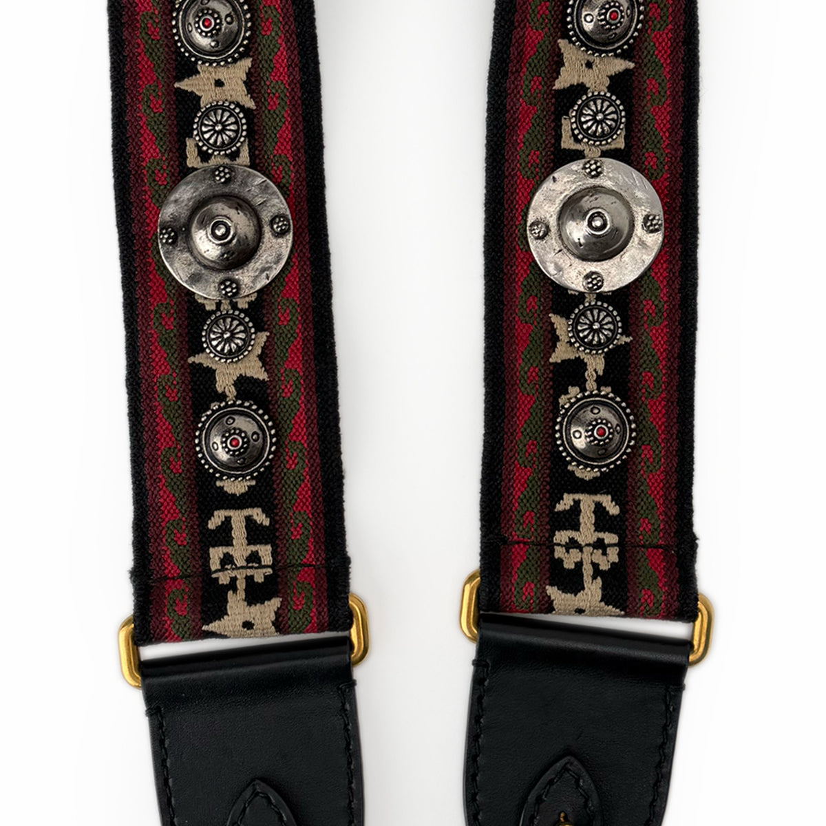 Embroidered patterned fabric strap with ornate silver metal studs, curated Pre-loved Luxury by Myluxe in Helsinki.