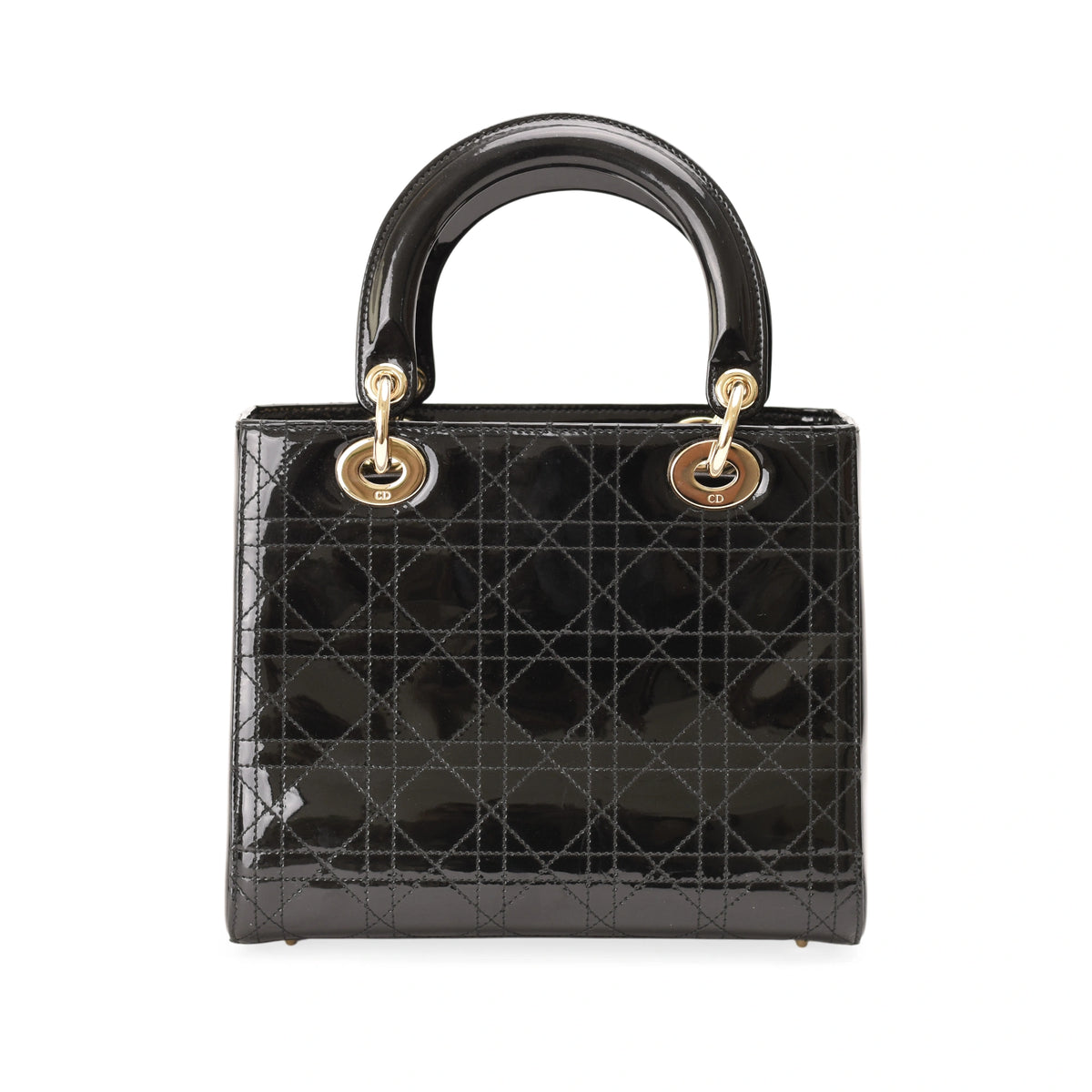 Black patent leather Dior Lady Dior handbag with gold-tone hardware. curated Pre-loved Luxury by Myluxe in Helsinki.