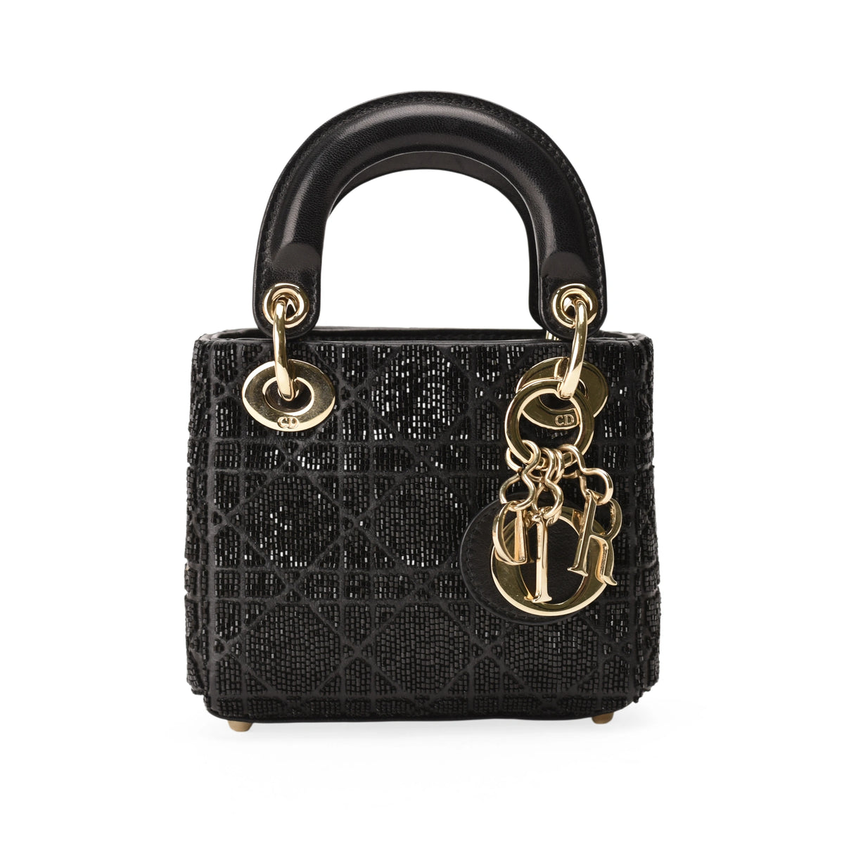 Dior Micro Lady Dior black metallic cannage lambskin bag with bead embroidery, curated Pre-loved Luxury by Myluxe in Helsinki.