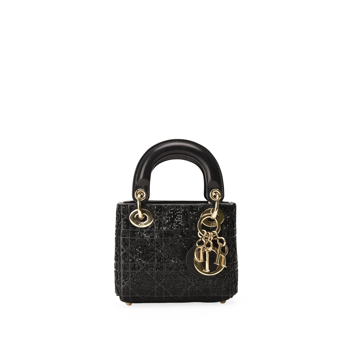 Dior Micro Lady Dior black metallic cannage lambskin bag with bead embroidery, curated Pre-loved Luxury by Myluxe in Helsinki.