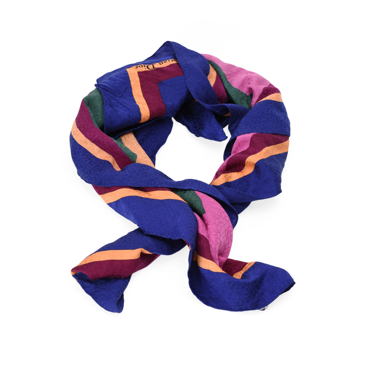 Dior multicolor CD monogram silk scarf in blue, pink, and orange. curated Pre-loved Luxury by Myluxe in Helsinki.