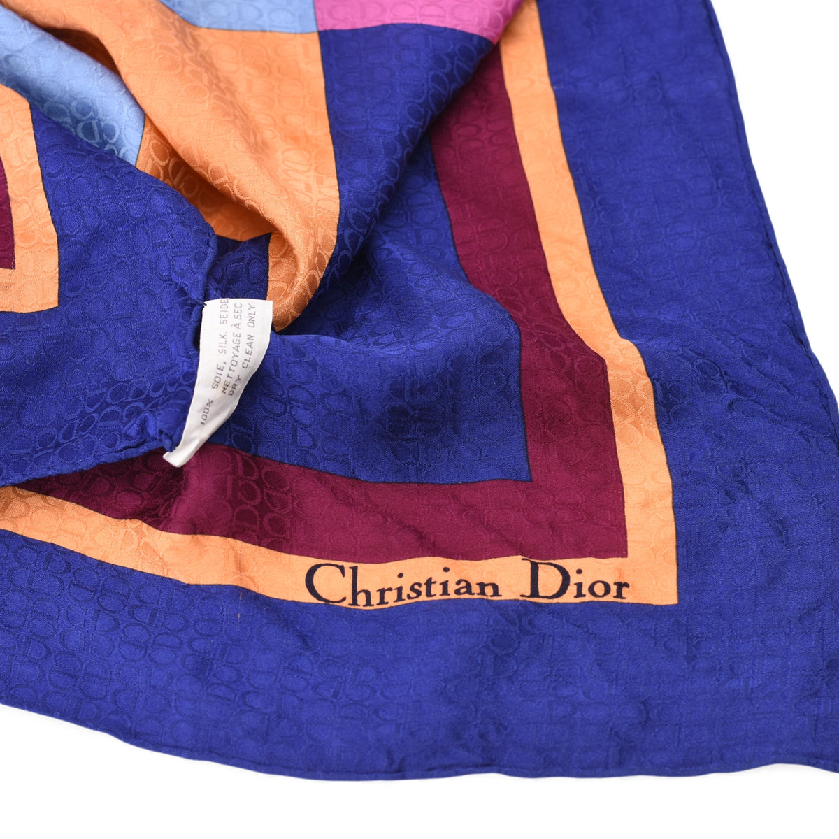 Dior multicolor CD monogram silk scarf in blue, orange, and pink. curated Pre-loved Luxury by Myluxe in Helsinki.