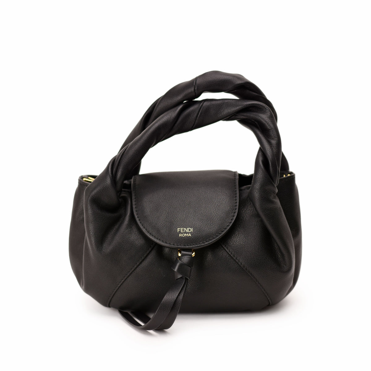 Black Fendi Roma leather handbag with twisted handle. curated Pre-loved Luxury by Myluxe in Helsinki.