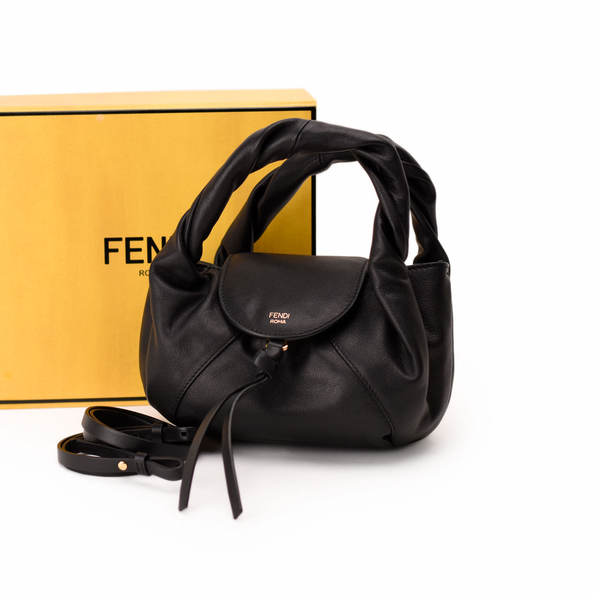Black leather Fendi Roma hobo handbag with knotted handles. curated Pre-loved Luxury by Myluxe in Helsinki.