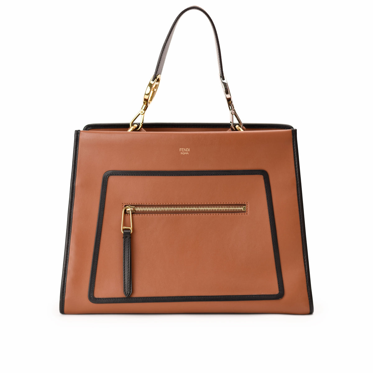 Fendi Roma tan leather tote bag with black trim and gold hardware. curated Pre-loved Luxury by Myluxe in Helsinki.