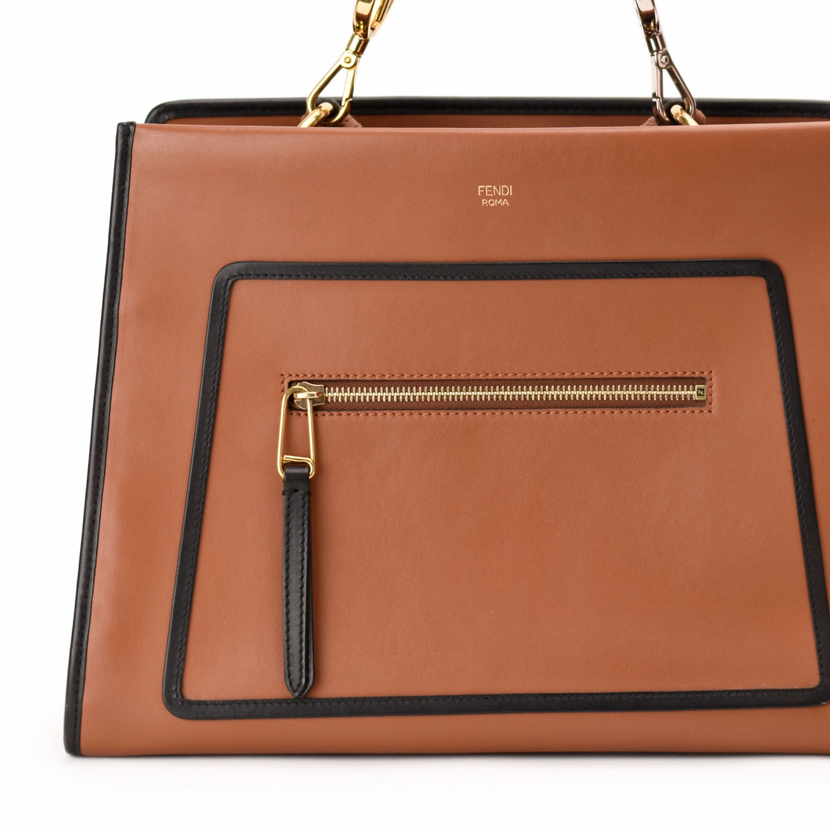 Brown leather Fendi Roma handbag with black trim and gold hardware. curated Pre-loved Luxury by Myluxe in Helsinki.