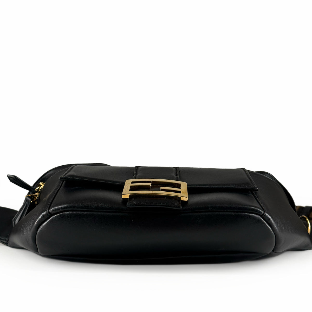 Black leather Fendi belt bag with gold-tone logo buckle, curated Pre-loved Luxury by Myluxe in Helsinki.