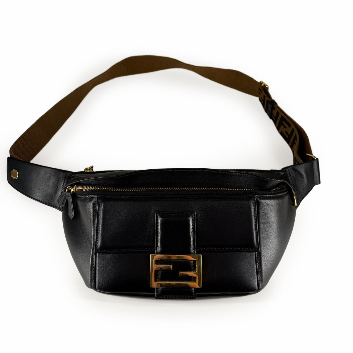 Black leather Fendi waist bag with gold-tone logo buckle, curated Pre-loved Luxury by Myluxe in Helsinki.