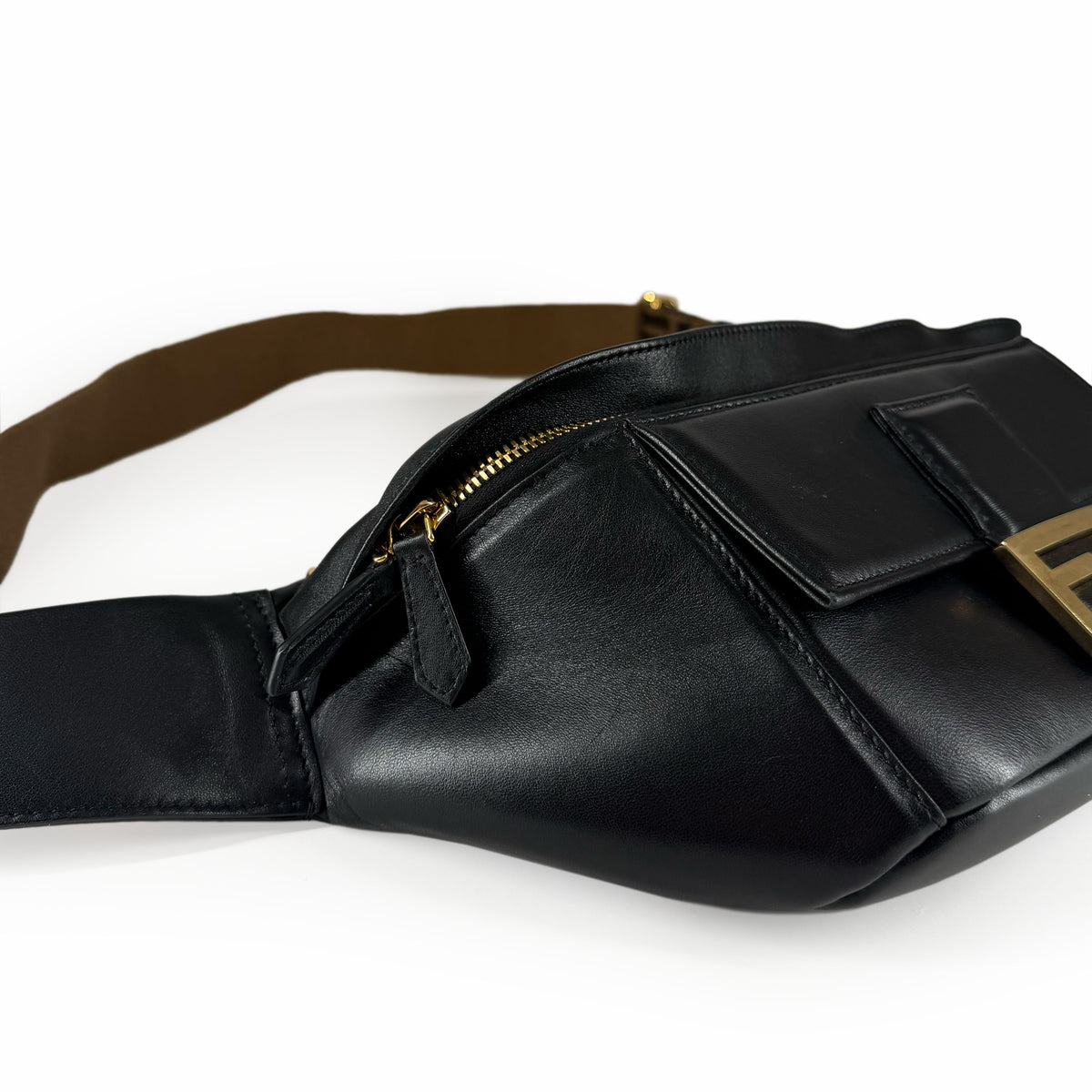 Black leather waist bag with gold-tone hardware, curated Pre-loved Luxury by Myluxe in Helsinki.