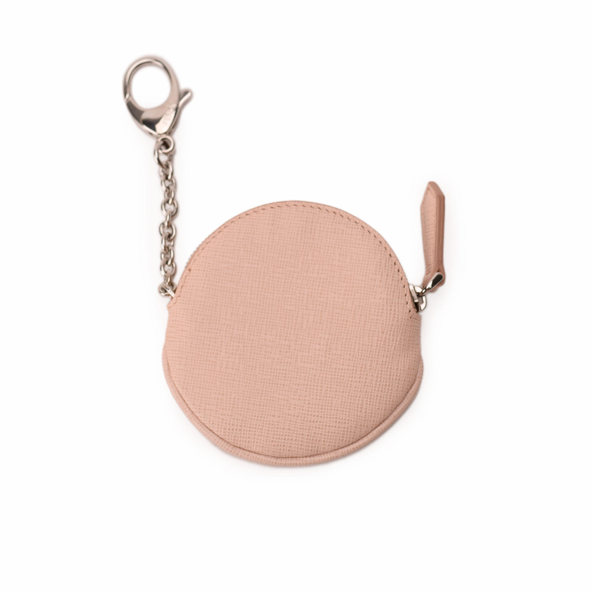 Round peach textured leather coin purse with silver metal keychain. curated Pre-loved Luxury by Myluxe in Helsinki.