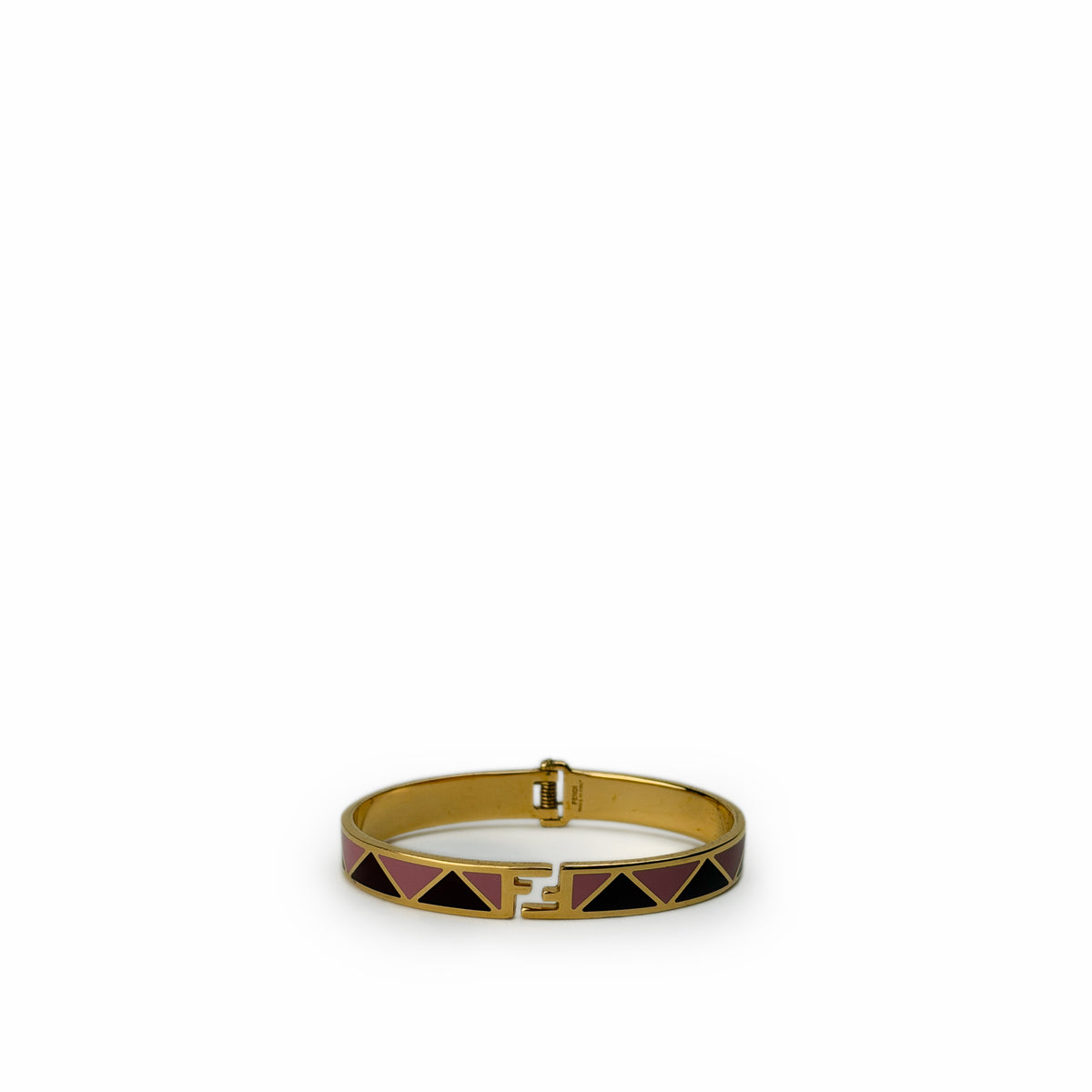 Fendi gold-tone bangle with black and burgundy enamel geometric patterns, curated Pre-loved Luxury by Myluxe in Helsinki.