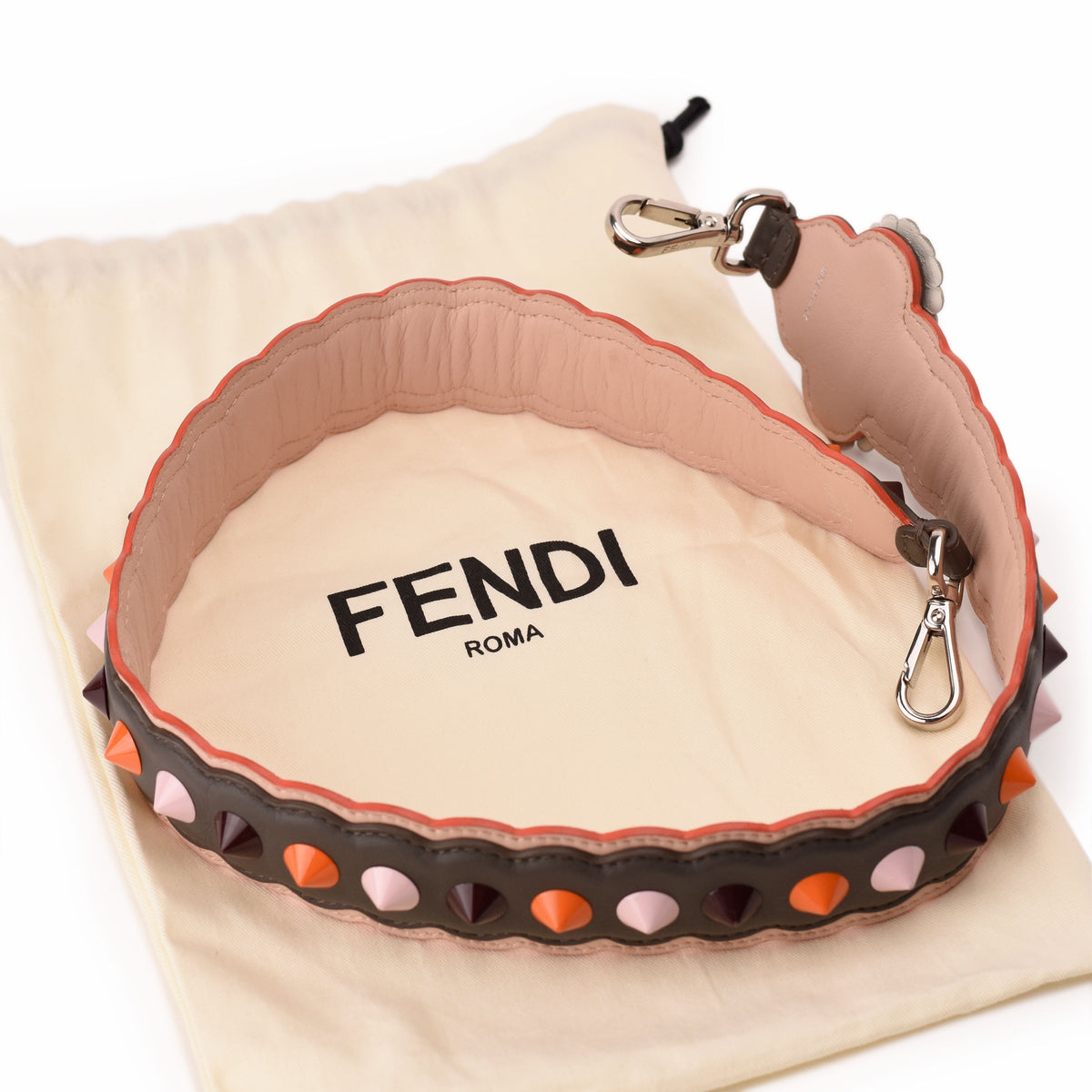 Fendi leather belt with orange and pink studs, curated Pre-loved Luxury by Myluxe in Helsinki.