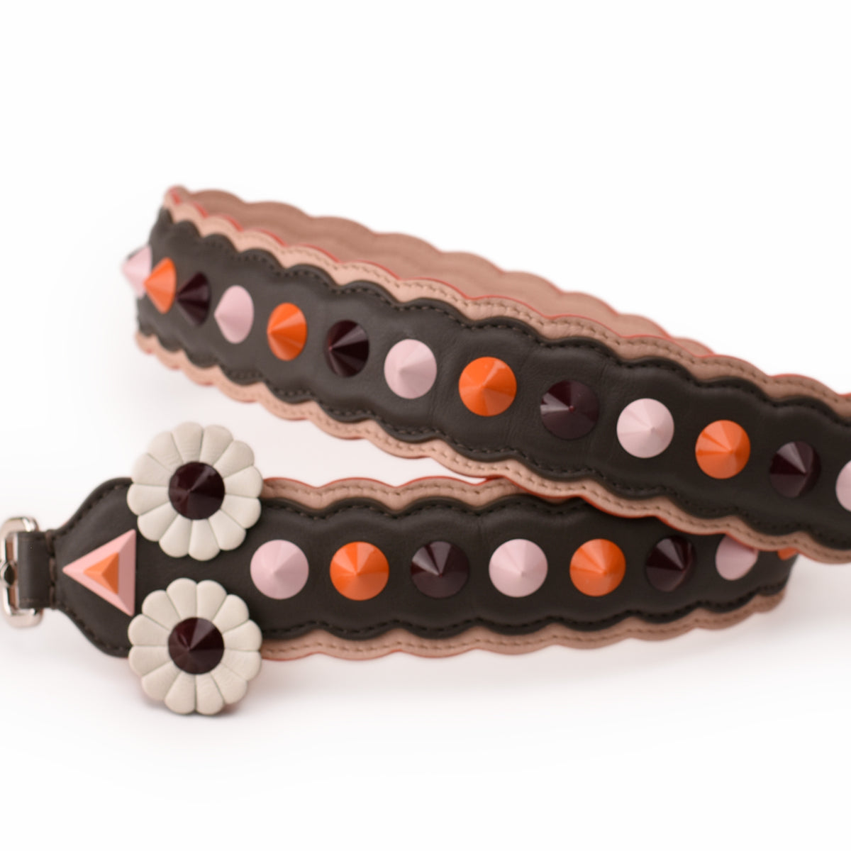 Black leather scalloped belt with colorful orange and pink studs. curated Pre-loved Luxury by Myluxe in Helsinki.