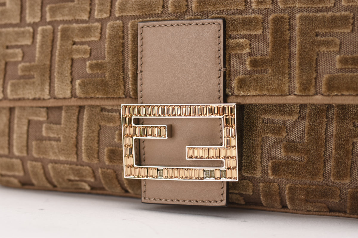 Fendi Baguette Velvet Jacquard FF Crystal Baguette Cappuccino Bag