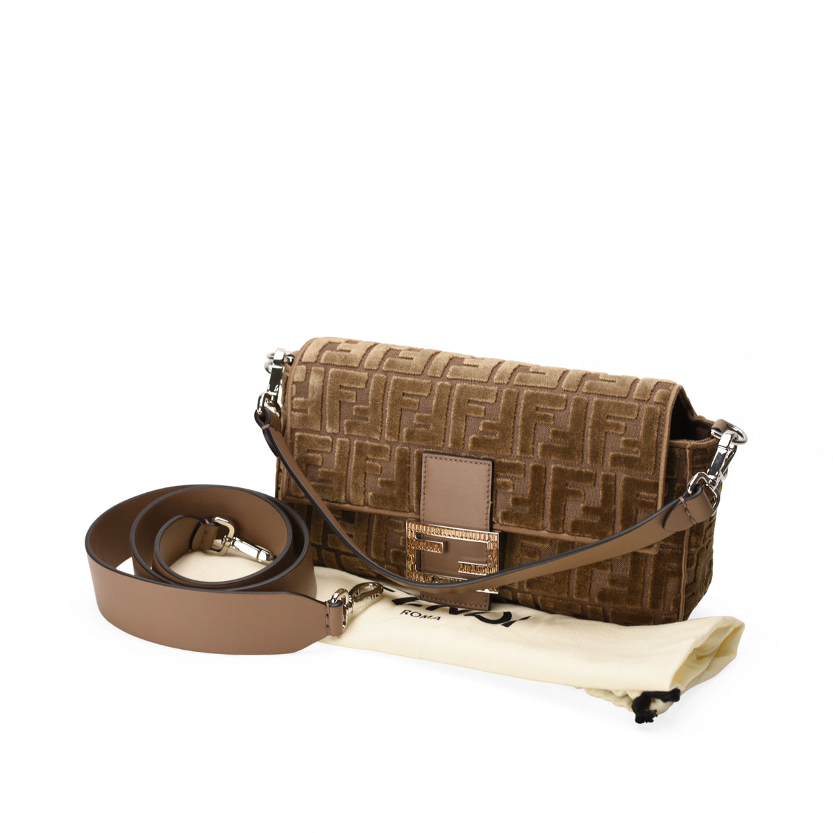 Fendi Baguette Velvet Jacquard FF Crystal Baguette Cappuccino Bag