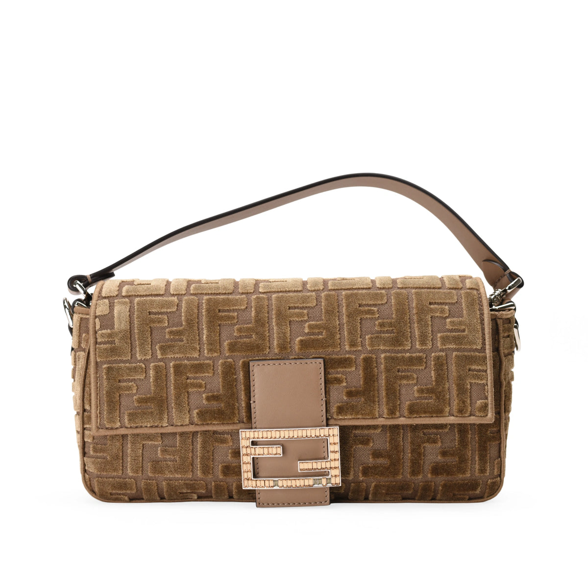 Fendi Baguette Velvet Jacquard FF Crystal Baguette Cappuccino Bag