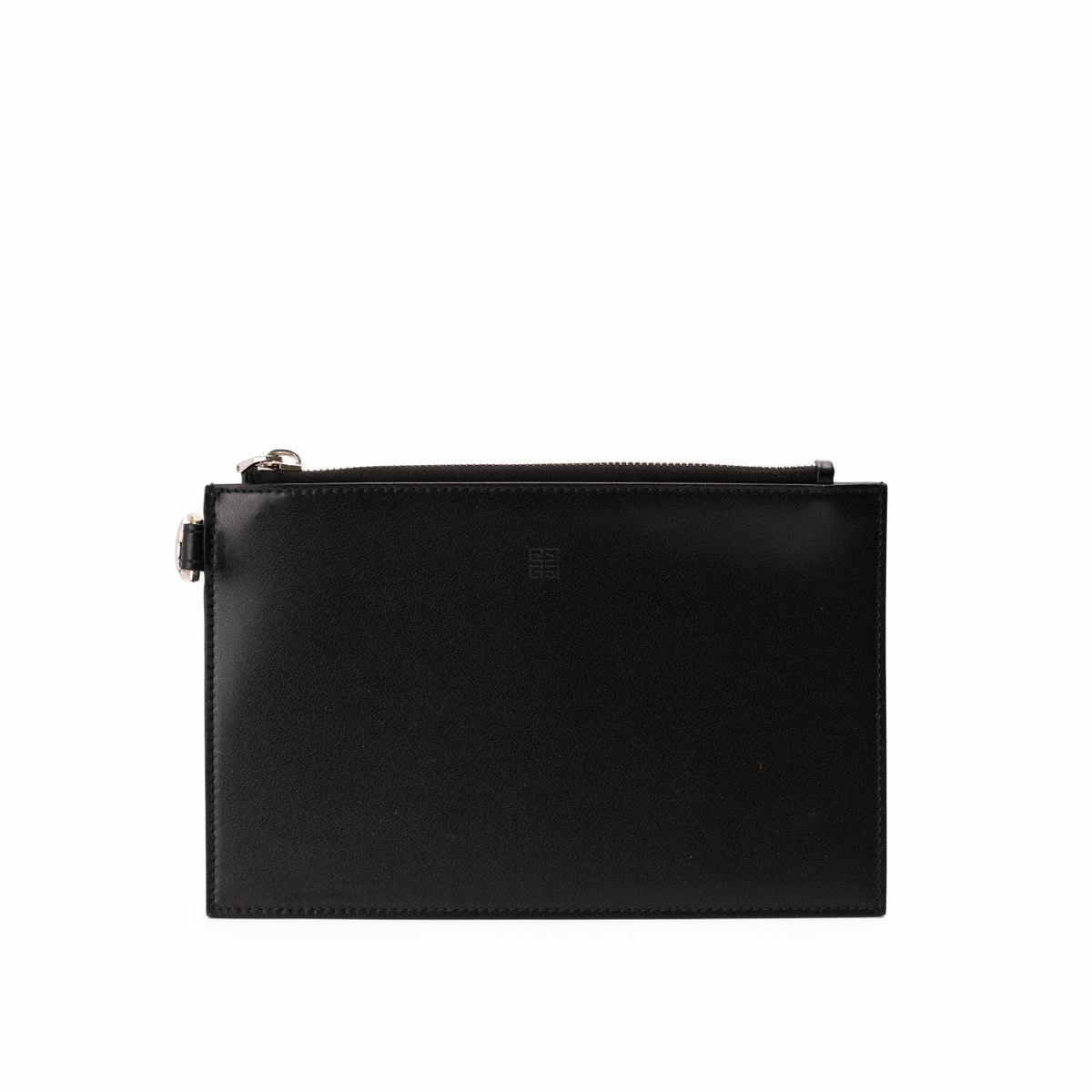 Black leather rectangular zip pouch with silver hardware, curated Pre-loved Luxury by Myluxe in Helsinki.