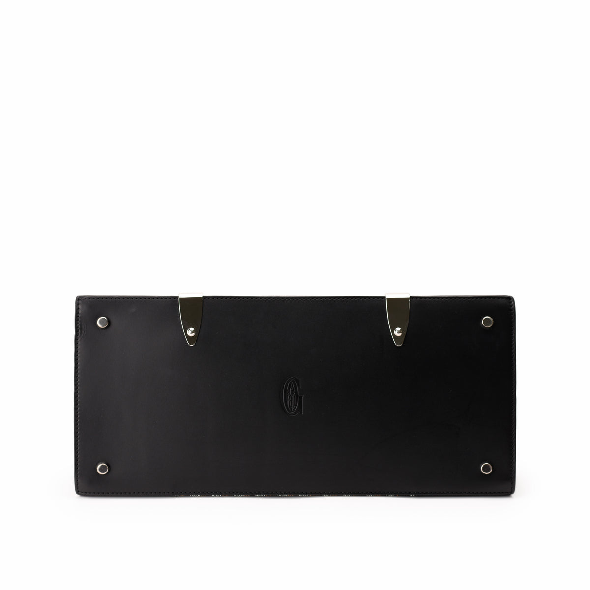 Black leather clutch with silver metal hardware and embossed logo, curated Pre-loved Luxury by Myluxe in Helsinki.